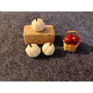 Miniature Dollhouse Autumn Fall Decor 5 Pcs Hay Bale White Pumpkins Apple Basket